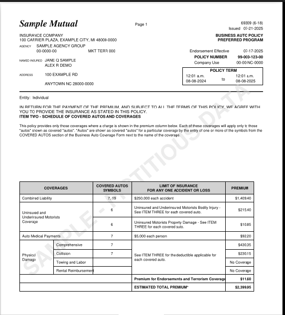 Generic JSON sample insurance policy document