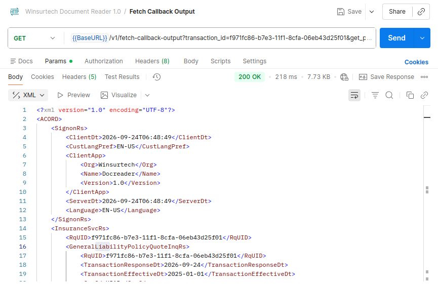 Insurance Document to ACORD XML Postman Screenshot