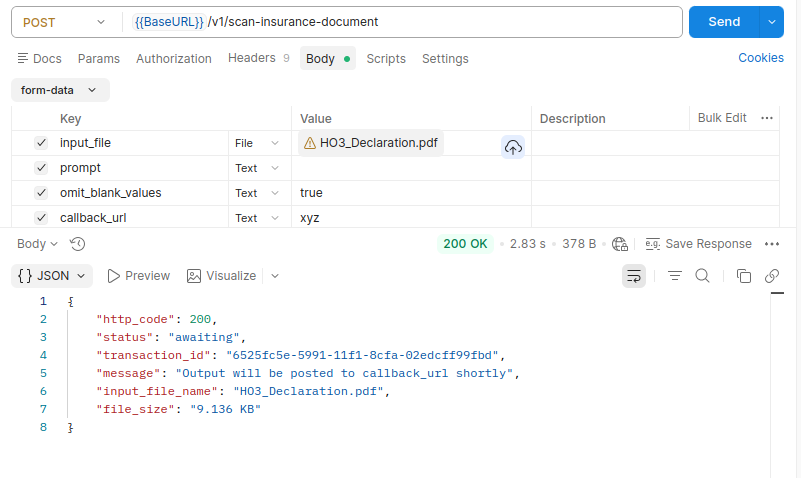 Postman screenshot for insurance policy extraction
