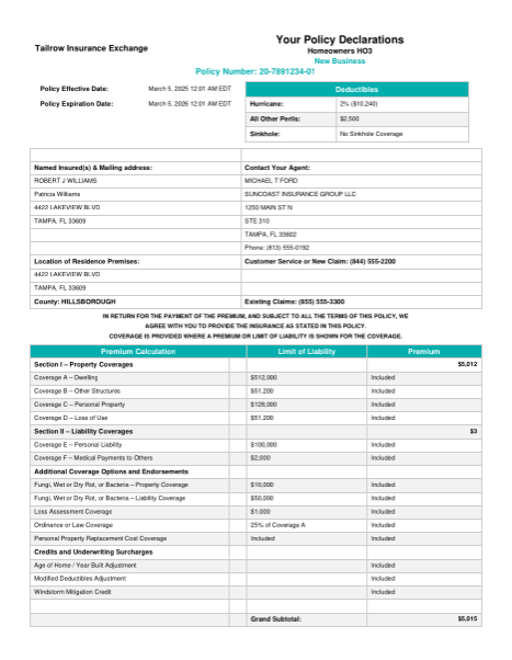 Sample insurance policy declaration page