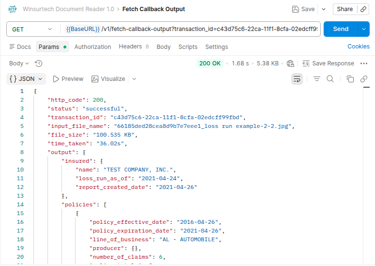 Loss Run Postman Screenshot